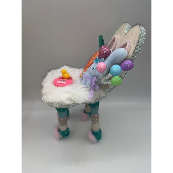 Vintage Wooden Easter Bunny Chair Faux Fur Blue Bunny Egg Balloons Deb O. OOAK - Picture 13 of 16
